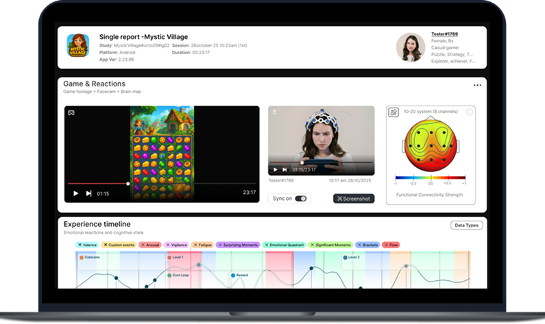 Single Player Report showing video playback and emotional timeline.